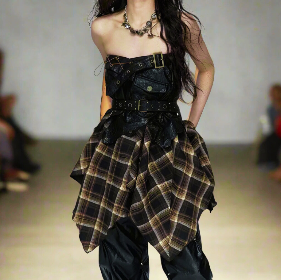 2 Way Plaid and Leather Waist Skirt