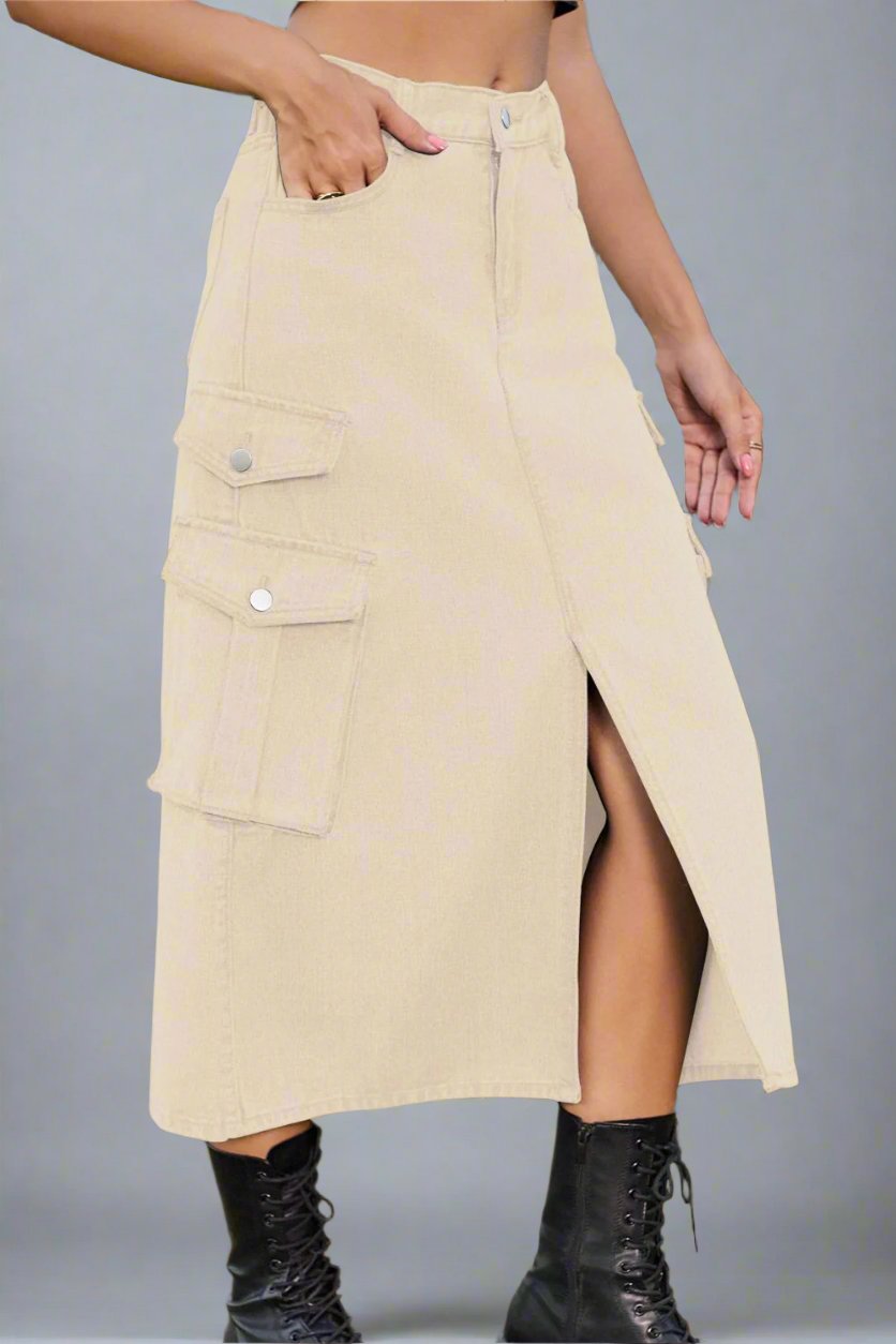 Slit Front Midi Denim Skirt with Pockets