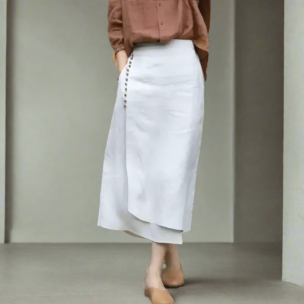 Linen Buttoned Side Wrap Skirt