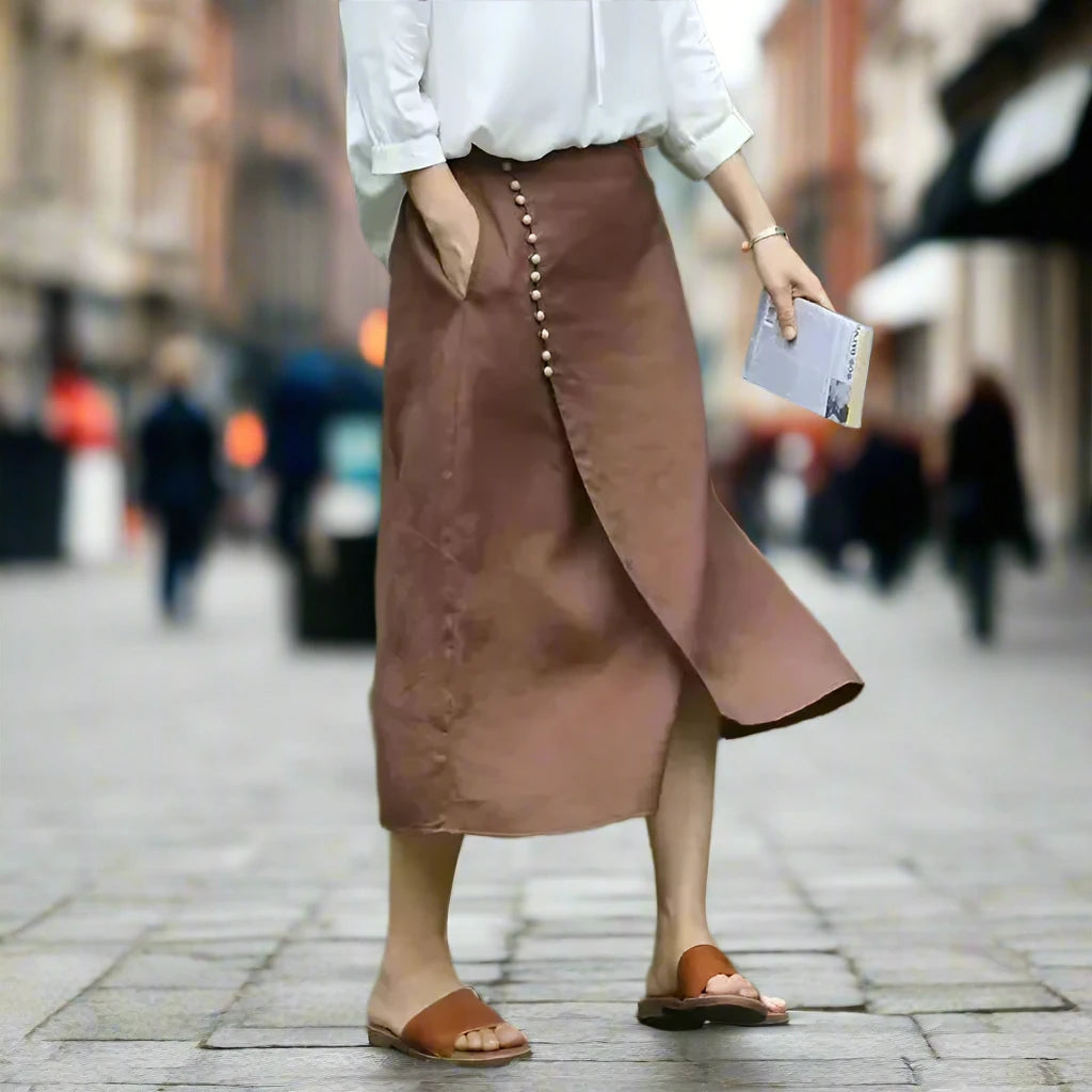 Linen Buttoned Side Wrap Skirt