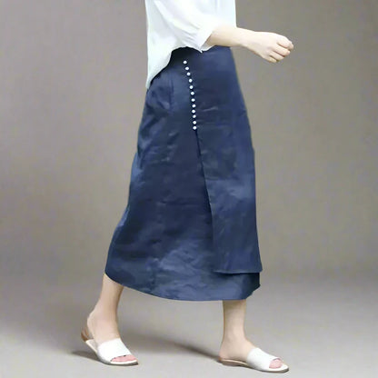 Linen Buttoned Side Wrap Skirt