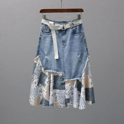 Patchwork Detailing Denim Hemmed Skirt