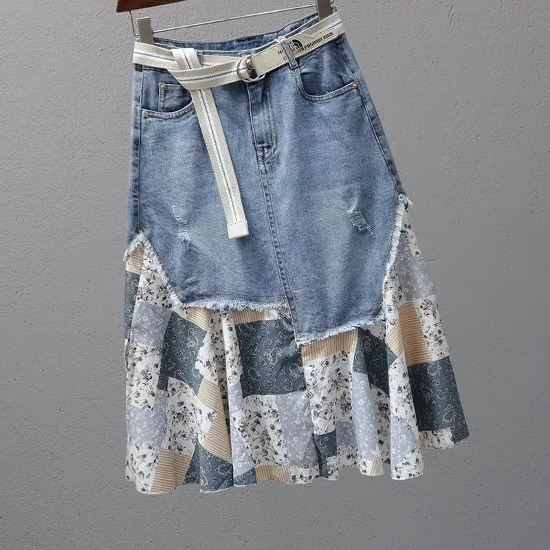 Patchwork Detailing Denim Hemmed Skirt