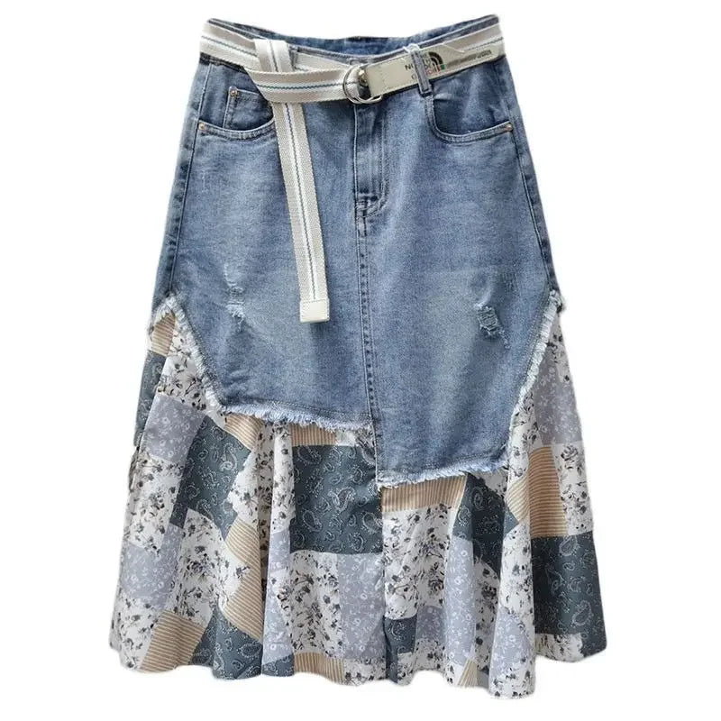 Patchwork Detailing Denim Hemmed Skirt