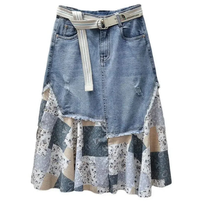 Patchwork Detailing Denim Hemmed Skirt