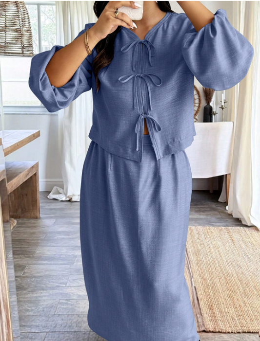 Bow & Gathered Sleeve Top & Skirt