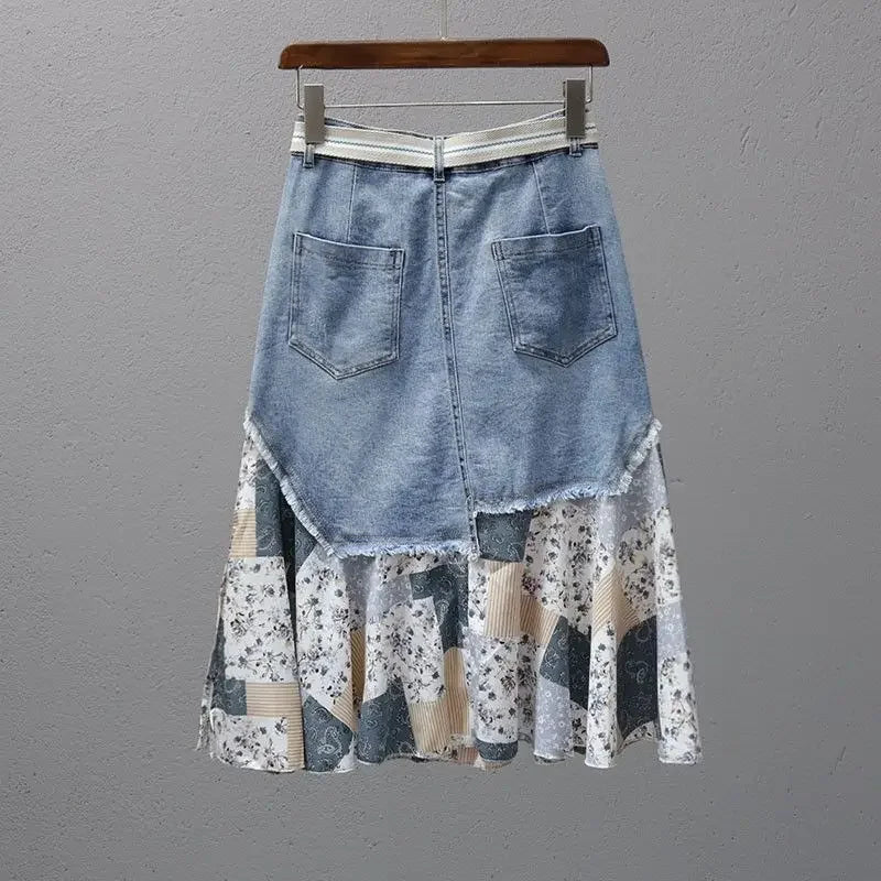 Patchwork Detailing Denim Hemmed Skirt