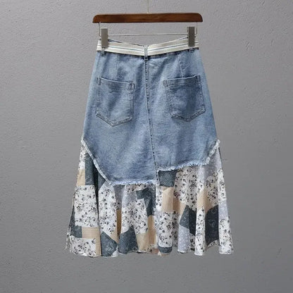 Patchwork Detailing Denim Hemmed Skirt