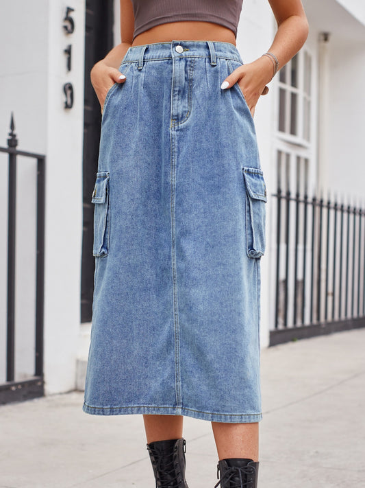 Buttoned Denim Skirt with Pockets